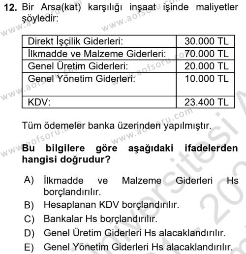 İnşaat ve Gayrimenkul Muhasebesi Dersi 2021 - 2022 Yılı (Final) Dönem Sonu Sınavı 12. Soru