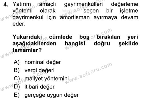 İnşaat ve Gayrimenkul Muhasebesi Dersi 2021 - 2022 Yılı (Final) Dönem Sonu Sınavı 4. Soru