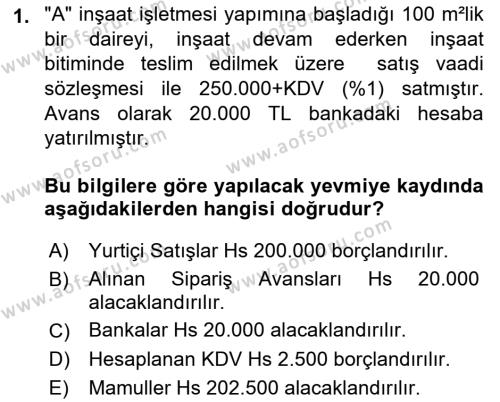 İnşaat ve Gayrimenkul Muhasebesi Dersi 2021 - 2022 Yılı Yaz Okulu Sınavı 1. Soru