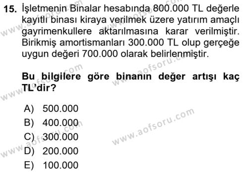 İnşaat ve Gayrimenkul Muhasebesi Dersi 2021 - 2022 Yılı Yaz Okulu Sınavı 15. Soru