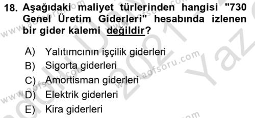 İnşaat ve Gayrimenkul Muhasebesi Dersi 2021 - 2022 Yılı Yaz Okulu Sınavı 18. Soru