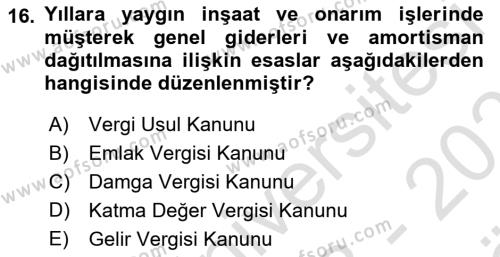 İnşaat ve Gayrimenkul Muhasebesi Dersi 2023 - 2024 Yılı (Vize) Ara Sınavı 16. Soru