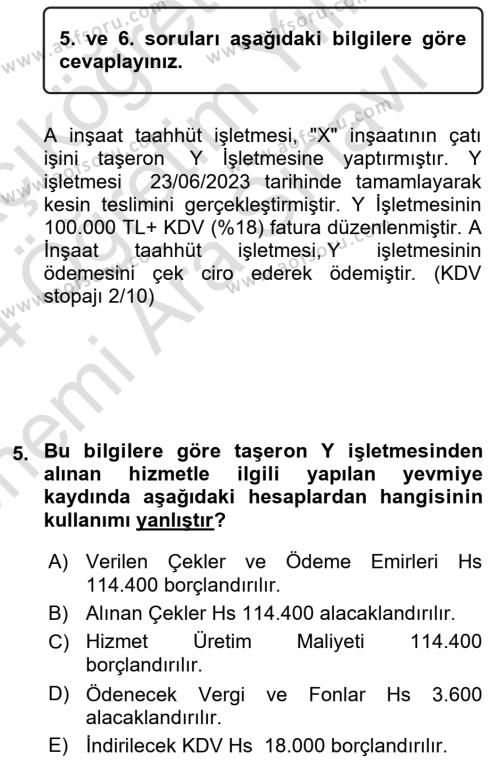 İnşaat ve Gayrimenkul Muhasebesi Dersi 2023 - 2024 Yılı (Vize) Ara Sınavı 5. Soru