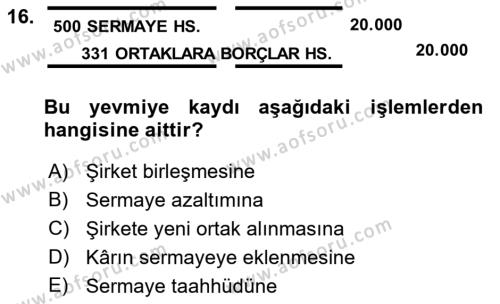 Şirketler Muhasebesi Dersi 2018 - 2019 Yılı (Vize) Ara Sınavı 16. Soru