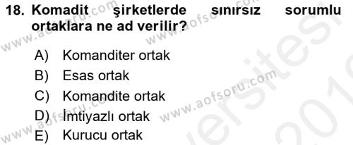 Şirketler Muhasebesi Dersi 2018 - 2019 Yılı (Vize) Ara Sınavı 18. Soru