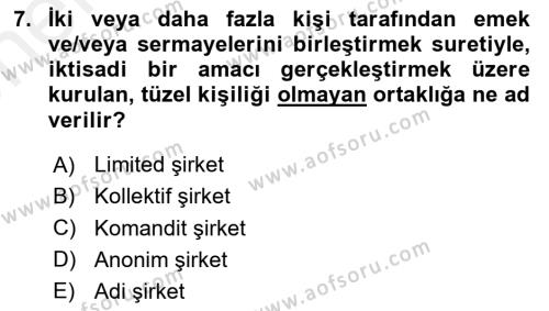 Şirketler Muhasebesi Dersi 2018 - 2019 Yılı (Vize) Ara Sınavı 7. Soru