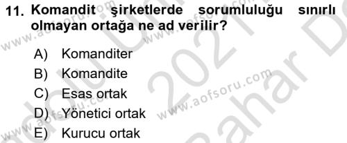 Şirketler Muhasebesi Dersi 2021 - 2022 Yılı (Vize) Ara Sınavı 11. Soru