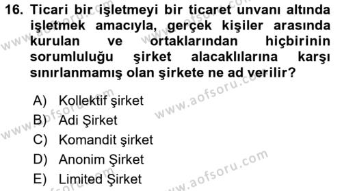 Şirketler Muhasebesi Dersi 2021 - 2022 Yılı (Vize) Ara Sınavı 16. Soru