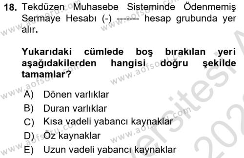 Şirketler Muhasebesi Dersi 2021 - 2022 Yılı (Vize) Ara Sınavı 18. Soru