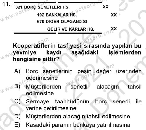 Şirketler Muhasebesi Dersi 2021 - 2022 Yılı (Final) Dönem Sonu Sınavı 11. Soru