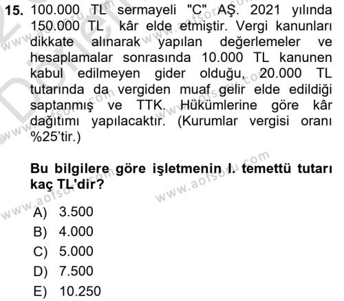 Şirketler Muhasebesi Dersi 2021 - 2022 Yılı (Final) Dönem Sonu Sınavı 15. Soru