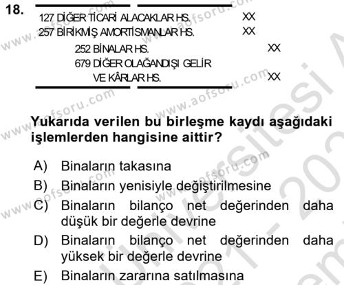 Şirketler Muhasebesi Dersi 2021 - 2022 Yılı (Final) Dönem Sonu Sınavı 18. Soru