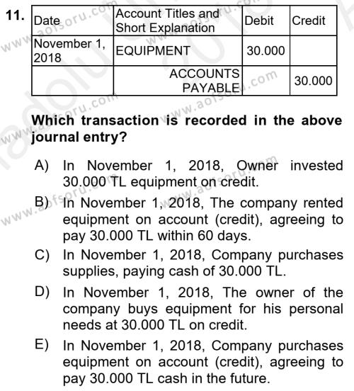 Accounting 1 Dersi 2018 - 2019 Yılı (Vize) Ara Sınavı 11. Soru