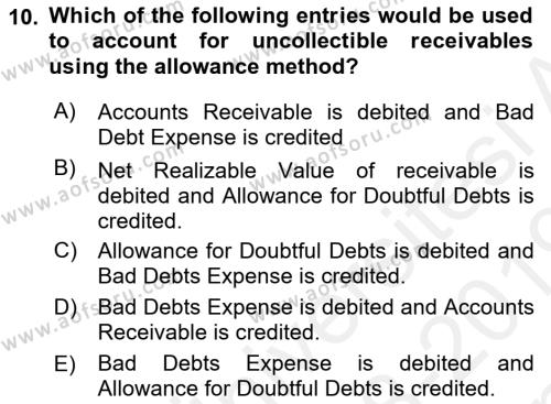 Accounting 1 Dersi 2018 - 2019 Yılı (Final) Dönem Sonu Sınavı 10. Soru