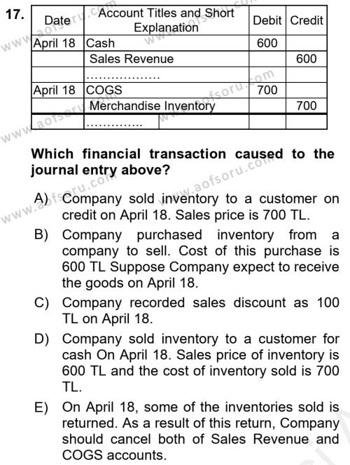 Accounting 1 Dersi 2018 - 2019 Yılı (Final) Dönem Sonu Sınavı 17. Soru