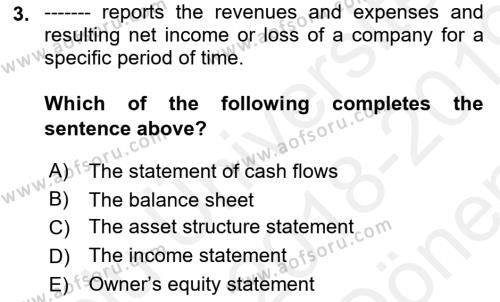Accounting 1 Dersi 2018 - 2019 Yılı (Final) Dönem Sonu Sınavı 3. Soru