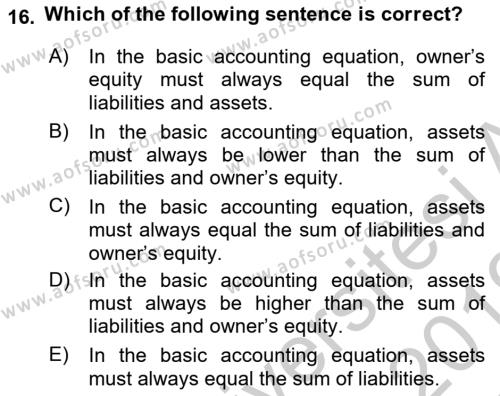 Accounting 1 Dersi 2018 - 2019 Yılı Yaz Okulu Sınavı 16. Soru