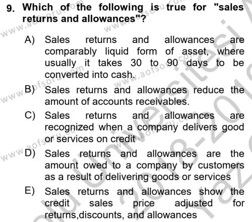 Accounting 1 Dersi 2018 - 2019 Yılı Yaz Okulu Sınavı 9. Soru