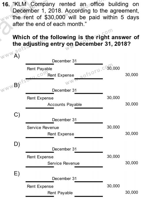 Accounting 1 Dersi 2019 - 2020 Yılı (Vize) Ara Sınavı 16. Soru