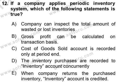Accounting 1 Dersi 2019 - 2020 Yılı (Final) Dönem Sonu Sınavı 12. Soru