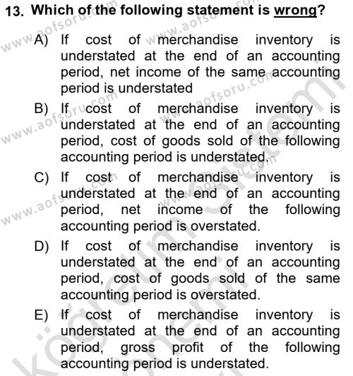 Accounting 1 Dersi 2019 - 2020 Yılı (Final) Dönem Sonu Sınavı 13. Soru