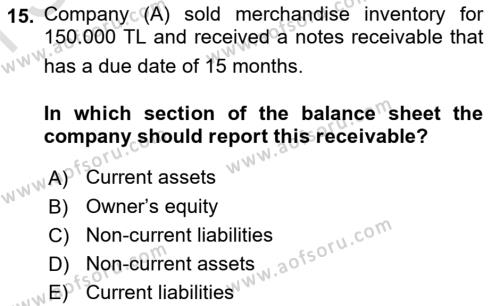 Accounting 1 Dersi 2019 - 2020 Yılı (Final) Dönem Sonu Sınavı 15. Soru