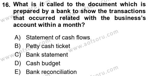 Accounting 1 Dersi 2019 - 2020 Yılı (Final) Dönem Sonu Sınavı 16. Soru