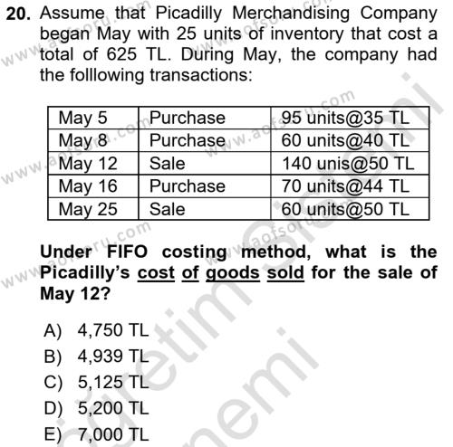 Accounting 1 Dersi 2019 - 2020 Yılı (Final) Dönem Sonu Sınavı 20. Soru