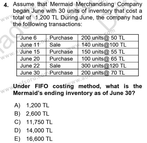 Accounting 1 Dersi 2019 - 2020 Yılı (Final) Dönem Sonu Sınavı 4. Soru