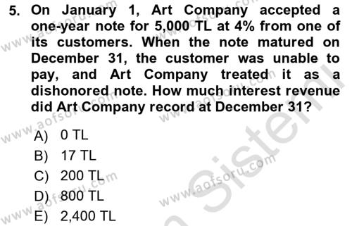 Accounting 1 Dersi 2019 - 2020 Yılı (Final) Dönem Sonu Sınavı 5. Soru