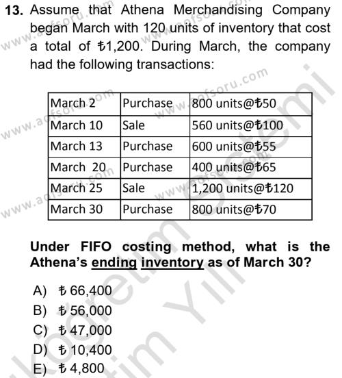 Accounting 1 Dersi 2020 - 2021 Yılı Yaz Okulu Sınavı 13. Soru