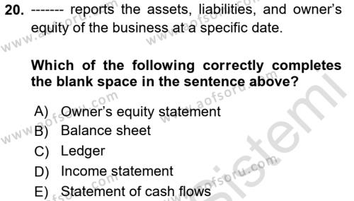 Accounting 1 Dersi 2020 - 2021 Yılı Yaz Okulu Sınavı 20. Soru