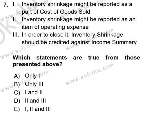 Accounting 1 Dersi 2020 - 2021 Yılı Yaz Okulu Sınavı 7. Soru