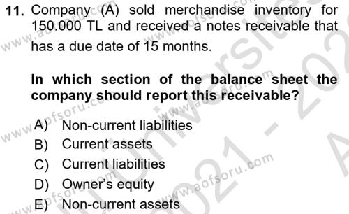 Accounting 1 Dersi 2021 - 2022 Yılı (Vize) Ara Sınavı 11. Soru