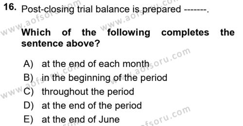 Accounting 1 Dersi 2021 - 2022 Yılı (Vize) Ara Sınavı 16. Soru