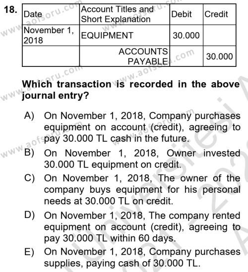 Accounting 1 Dersi 2021 - 2022 Yılı (Vize) Ara Sınavı 18. Soru