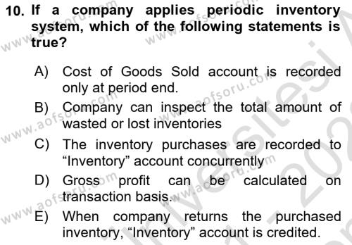 Accounting 1 Dersi 2021 - 2022 Yılı (Final) Dönem Sonu Sınavı 10. Soru