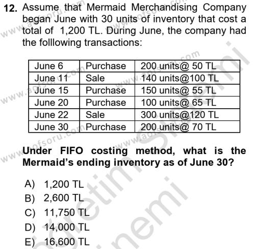 Accounting 1 Dersi 2021 - 2022 Yılı (Final) Dönem Sonu Sınavı 12. Soru