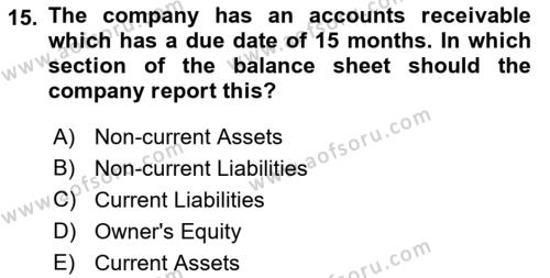 Accounting 1 Dersi 2021 - 2022 Yılı (Final) Dönem Sonu Sınavı 15. Soru