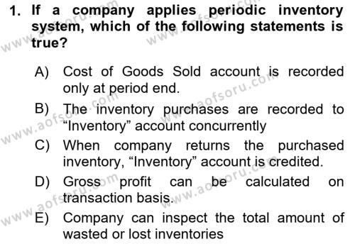 Accounting 1 Dersi 2021 - 2022 Yılı Yaz Okulu Sınavı 1. Soru