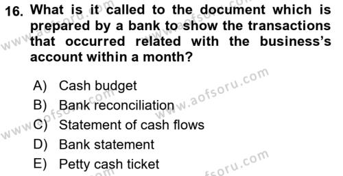 Accounting 1 Dersi 2021 - 2022 Yılı Yaz Okulu Sınavı 16. Soru