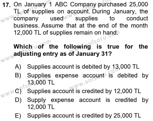 Accounting 1 Dersi 2021 - 2022 Yılı Yaz Okulu Sınavı 17. Soru