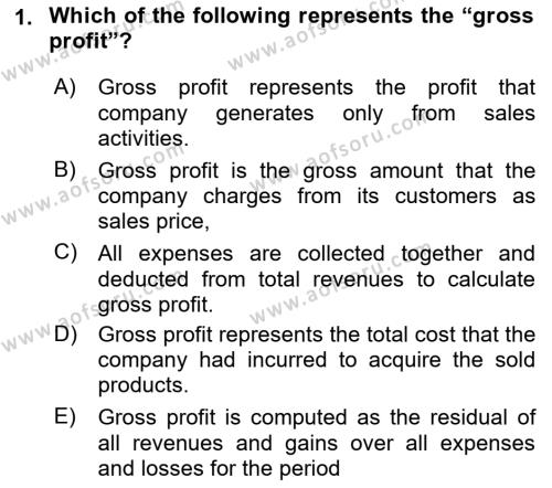 Accounting 1 Dersi 2022 - 2023 Yılı (Final) Dönem Sonu Sınavı 1. Soru