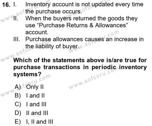 Accounting 1 Dersi 2022 - 2023 Yılı (Final) Dönem Sonu Sınavı 16. Soru