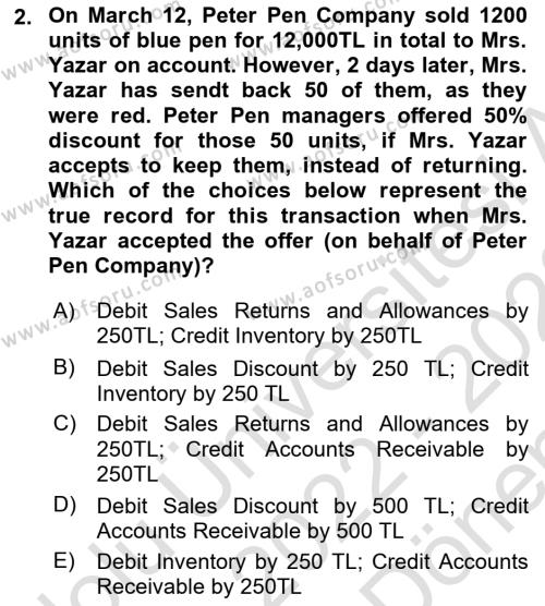 Accounting 1 Dersi 2022 - 2023 Yılı (Final) Dönem Sonu Sınavı 2. Soru