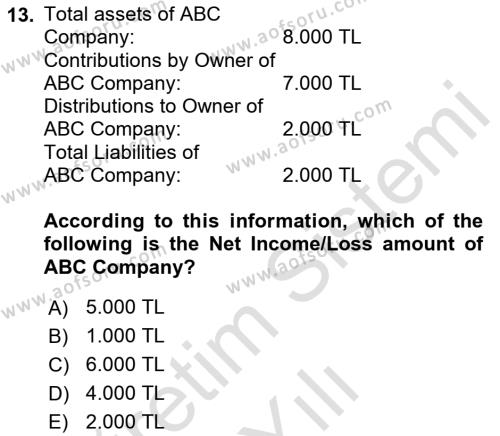 Accounting 1 Dersi 2022 - 2023 Yılı Yaz Okulu Sınavı 13. Soru