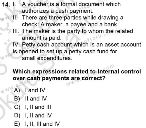 Accounting 1 Dersi 2022 - 2023 Yılı Yaz Okulu Sınavı 14. Soru