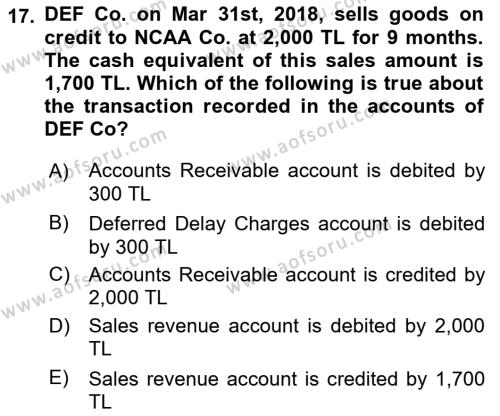 Accounting 1 Dersi 2022 - 2023 Yılı Yaz Okulu Sınavı 17. Soru