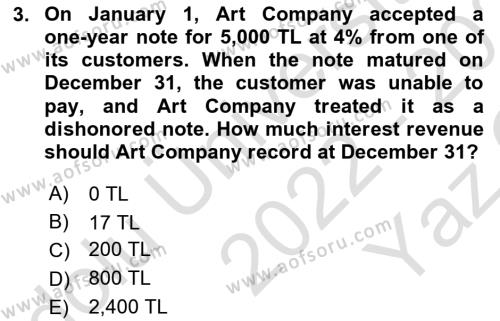 Accounting 1 Dersi 2022 - 2023 Yılı Yaz Okulu Sınavı 3. Soru