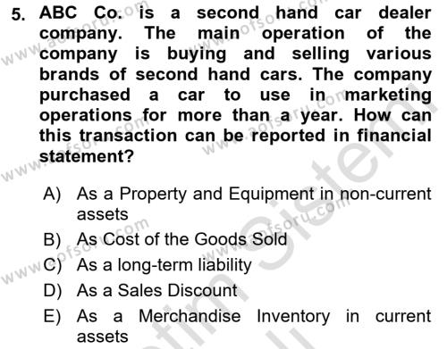 Accounting 1 Dersi 2022 - 2023 Yılı Yaz Okulu Sınavı 5. Soru